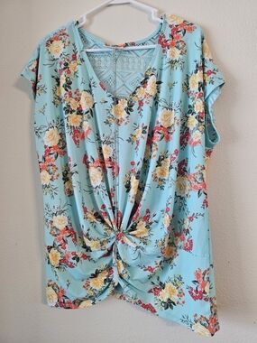 Bobbie Brooks Aqua Floral Twist-Front V-Neck Blouse